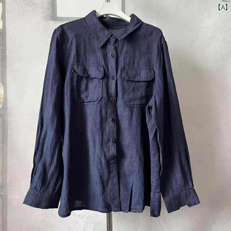 レディース　　シャツ　トップス レディース 糸 染めの リネンシャツ ポケットと 縫製 シャツが 付いた..