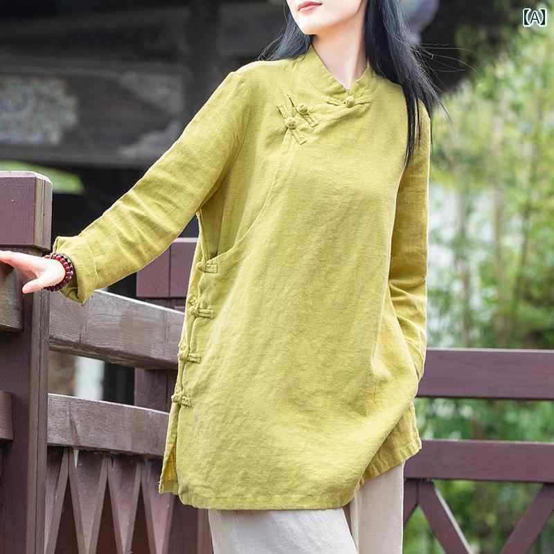 レディース シャツ トップス リネン エスニック シャツ レディース 春秋 2024 ミドル丈 プレート バックル レトロ トップス 禅茶師服