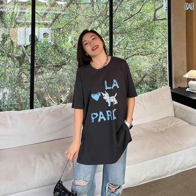 レディース　　Tシャツ　ゆったり Xincunzhen 大きめ サイズ レディース プリント Tシャツ 2025 夏 ガール mm ゆったり 半袖 ラウンドネック トップ(4)