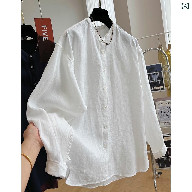 レディース　　シャツ　トップス フランスの シンプル リネン 白 シャツ レディース 秋 ファッション カジュアル な ラウンドネック リネンシャツ トップ