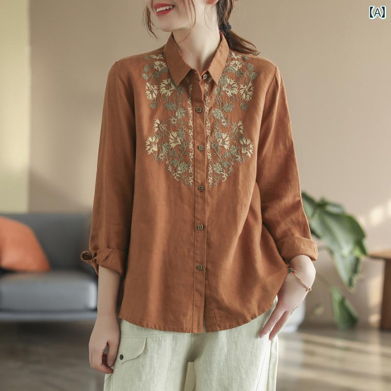 レディース　　シャツ　トップス 100 カウント リネン 刺繍 シャツ レディース 2024 早春 ゆったり 着..