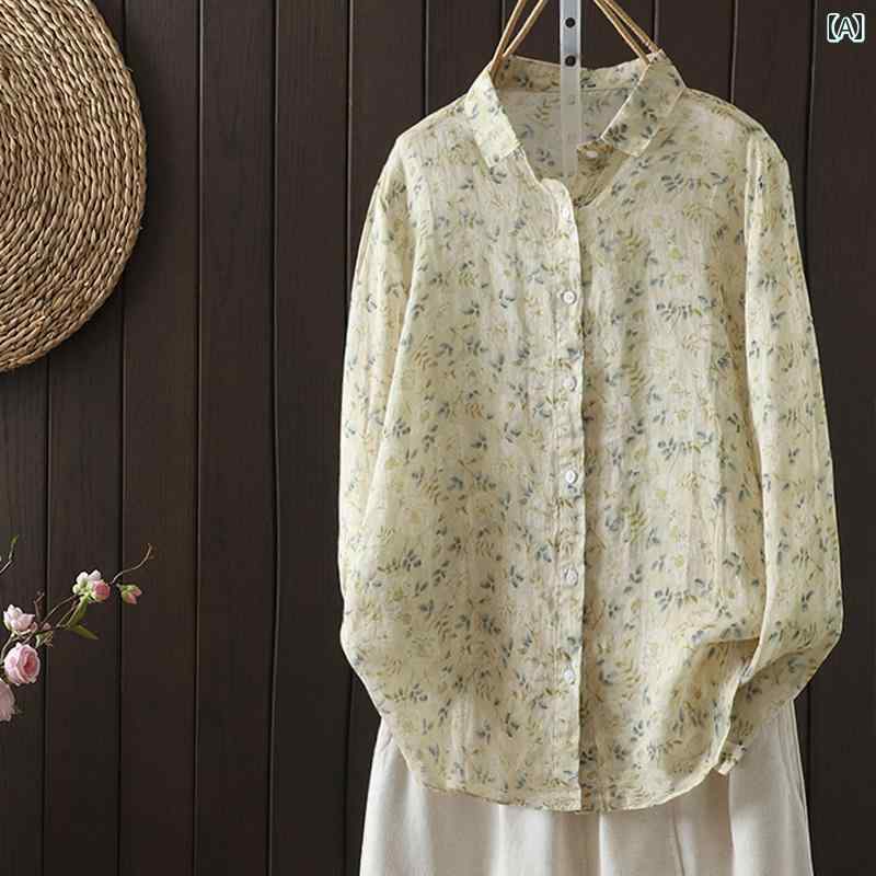 レディース　　シャツ　トップス フランスの 優しい コットンと リネンの 花柄 シャツ レディース 2024 秋 ゆったり カジュアル シングルブレスト リネン 長袖 トップス(4)