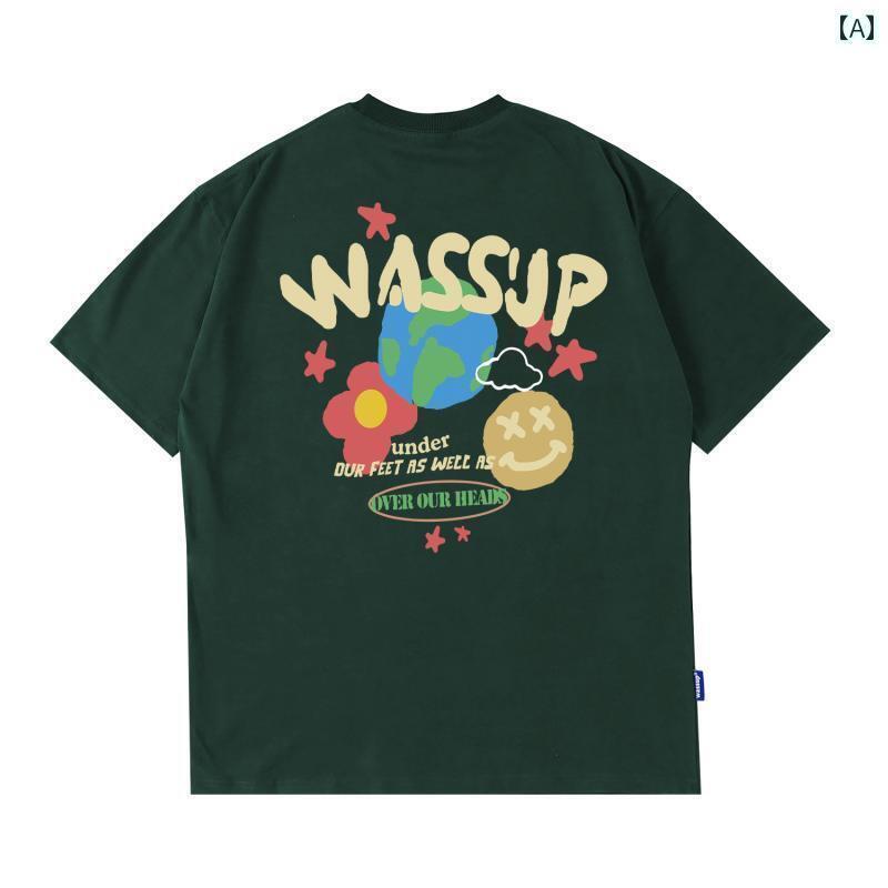 Tシャツ　メンズ　おしゃれ WASSUP HEODS 落書き 半袖 メンズ 夏 アメリカン ストリート ヘビー カップル Tシャツ インナー