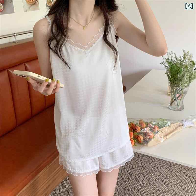 パジャマ レディース 上下 夏 グリーン 千鳥格子 ジャカード レース トリム サスペンダー ショーツ パジャマ レディース ホームウェア スーツ 2024