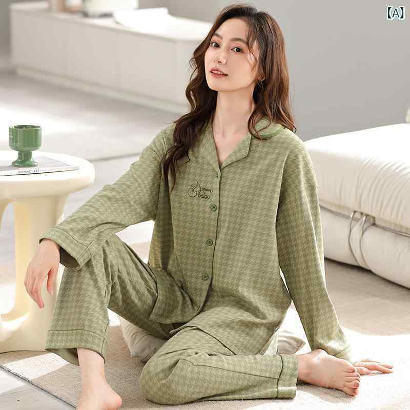 　パジャマ　レディース　上下 Lilys レディース 厚手 コットン グリーン 千鳥格子 長袖 カーディガン ..