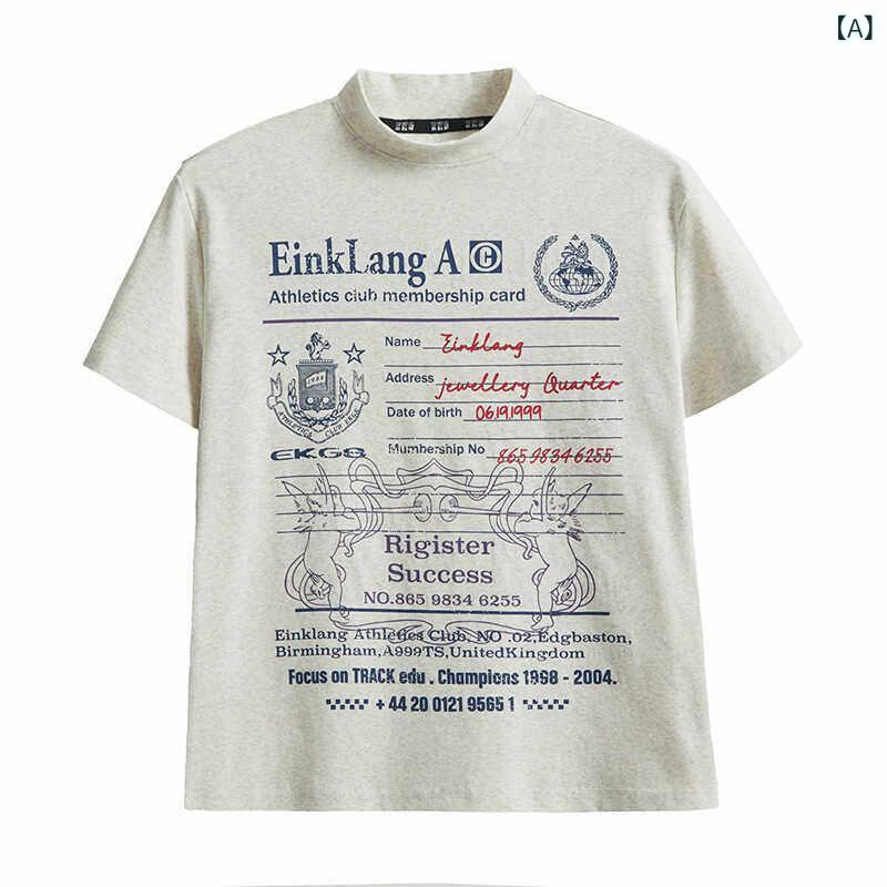 　Tシャツ　レディース　かわいい AONW アメリカン レトロ プリント ショルダー ハイネック ゆったり カップル カジュアル 半袖 Tシャツ 女性