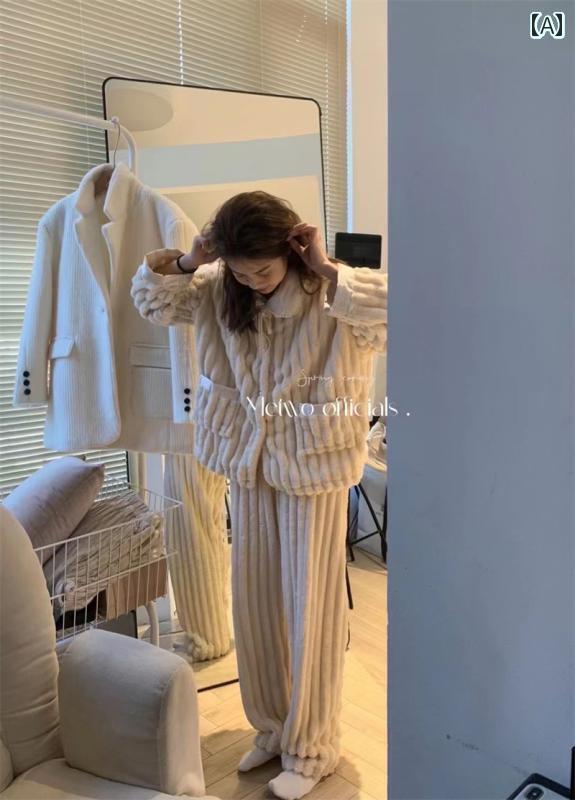 レディース　パジャマ　スウェット　上下 METWO ベビー カラー コーラル フリース 暖かい スーツ 冬 フ..