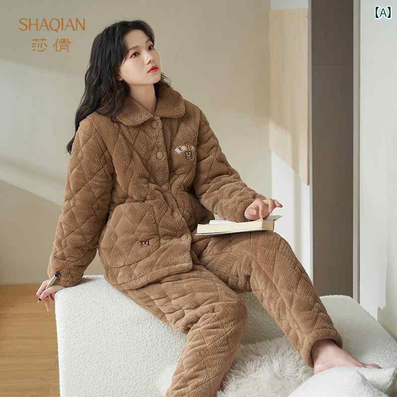 レディース　パジャマ　スウェット　上下 Shaqian 3 層 パッド入り パジャマ 女性用 冬用  ...