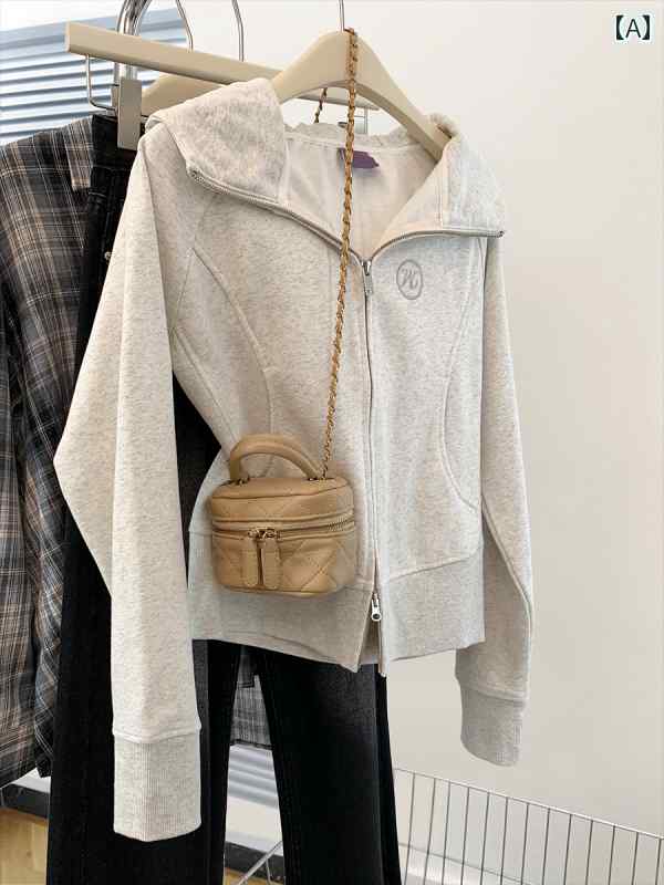 パーカー　フード付き　ニット アメリカン グレーの ショート ジッパー フード付き セーター ジャケッ..