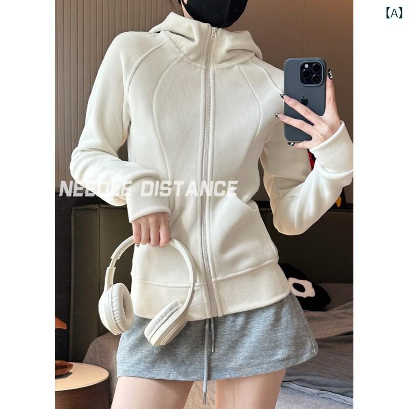 Three-Quarter Knit - パーカー　フード付き　ニット ルル 裏起毛 厚手 セーター ジャケット レディース 秋冬 ジッパー カーディガン スリム フード付き スポーツ フィットネス ヨガ トップス