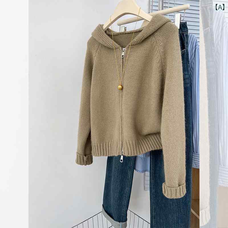 パーカー　フード付き　ニット ジッパー フード付き カーディガン セーター ジャケット レディース 秋..