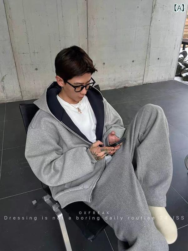 パーカー　フード付き　ニット OXFREAK 1000 g 厚手 ダブル ジッパー ショート フード付き カーディガ..