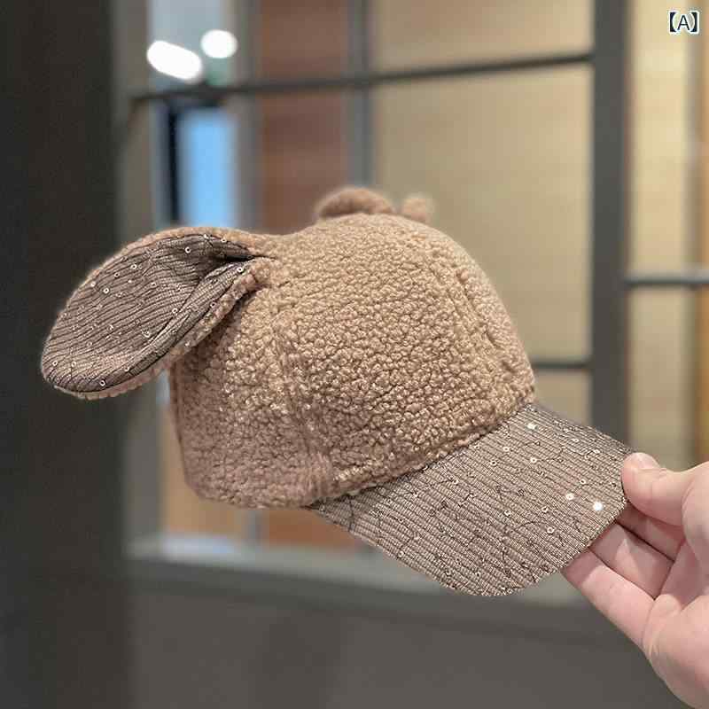 帽子　うさぎ耳　かわいい 韓国 子羊 ベルベット かわいい ウサギの 耳 アヒル キャップ レディース 秋冬 ファッション 暖かい 野球帽