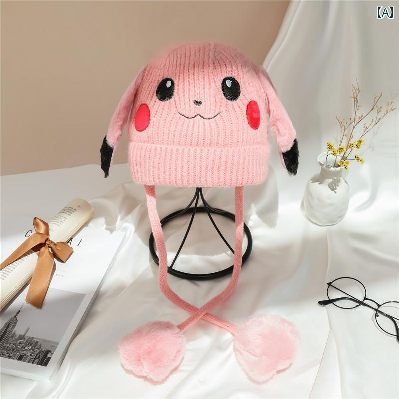 帽子　うさぎ耳　かわいい つまむと 耳が 動く かわいい 帽子 子供用の 暖かい ウール 耳を 保護 する ニット ネットの ウサギの