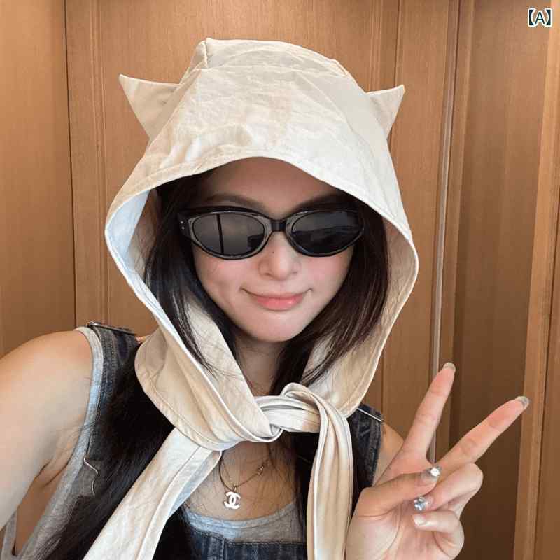 帽子　うさぎ耳　かわいい 女性用 薄手 ヘッド スカーフ 帽子小 悪魔 ストラップ 速乾 日焼け防止 サンハット 耳 保護 かわいい 猫 旅行