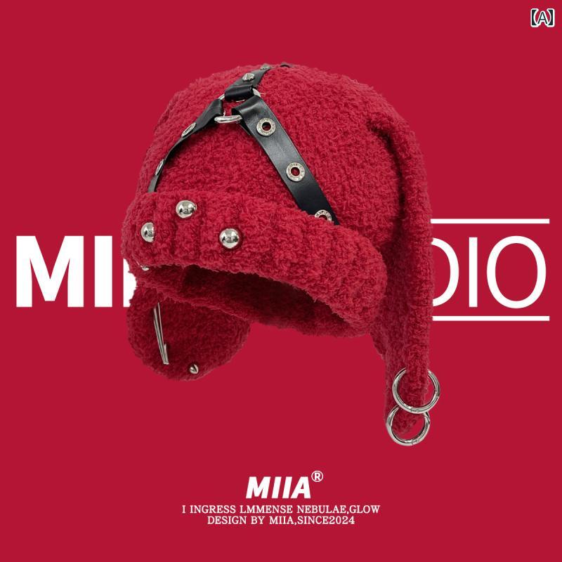 うさぎ耳 帽子 かわいい 甘くて クールな Y2K スタッズ レザー バックル ウサギ 耳 ウール 帽子 個性的な Yabi プルオーバー ニット 万能