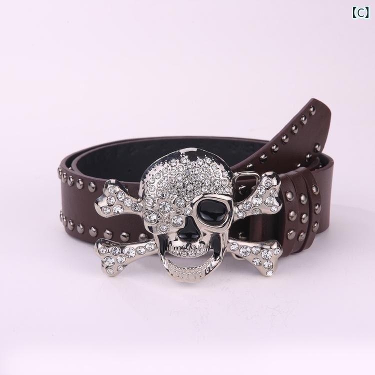 レディース　ベルト　カジュアル 黒と 白の スカル プリント ベルト サブカルチャー Y2K ホット ガール アビ ゴス エッジ ボール