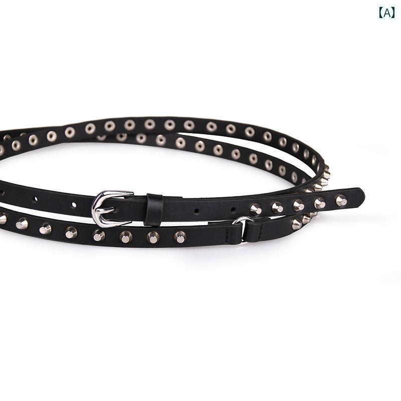 レディース　ベルト　カジュアル レディース 二 重 丸 カジュアル バケット ネイル 細い ベルト スタッ..