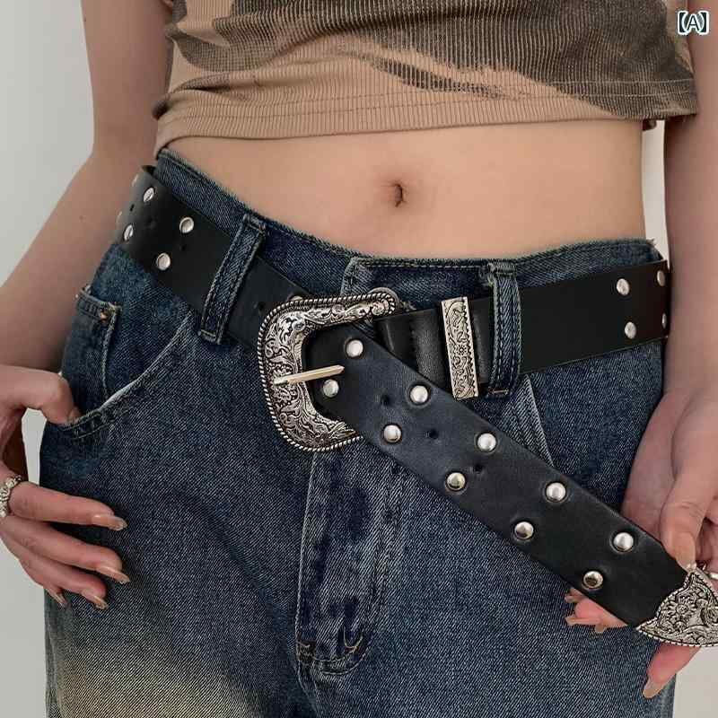 レディース　ベルト　カジュアル ホットな 女の子 レトロ ハイエンド ベルト 黒の 個性 アメリカン パ..