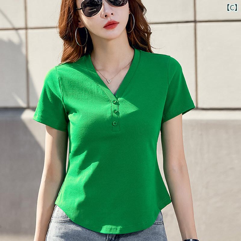 サポートシェアグローバルのボタン　ラウンド　アクセサリー 無地 綿 Vネック 半袖 Tシャツ レディース ショート スタイル新 スタイル スリミング アウター おしゃれ ボタン トップ｜アングル3