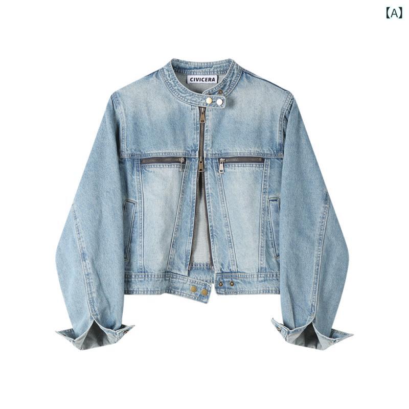 夹克 - フリース　トップス　ジッパー CIVICERA デニム ショート ジャケット レディース アメリカン レトロ ダブル ジッパー スタンドカラー トップス