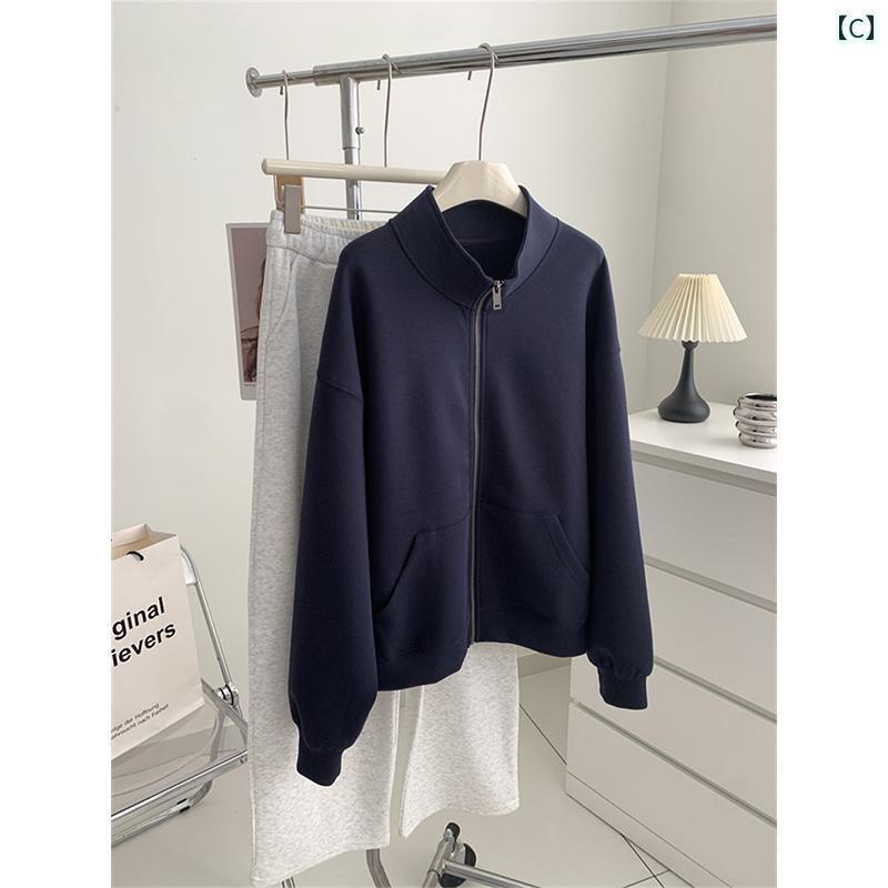 フリース　トップス　ジッパー 美 白 老化 防止 効果の ある ネイビーブルーの スタンドカラー ジャケ..