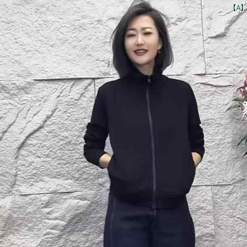 ジッパー　ジャケット　カジュアル ファッション ブラック スタンドカラー ジッパー セーター レディー..