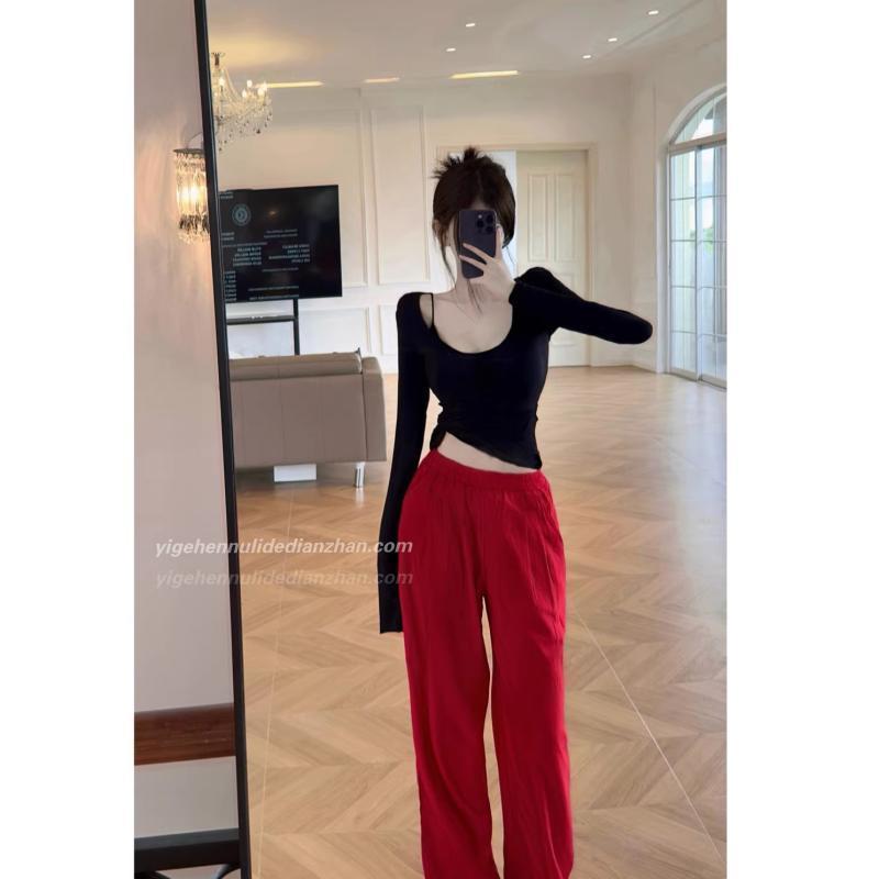 ワイド　パンツ　ボトムス 陸 思同 型 黒 スリム 長袖 レイヤリング シャツ トップス 2024 秋 赤 カジ..
