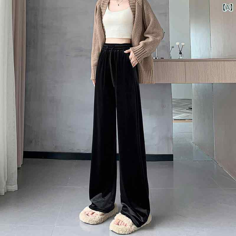 ボトムス　レディース　スリム ゴールド ベルベット ワイド レッグ パンツ レディース 春秋 2025 ブラック S サイズ ハイライズ ドレープ ナロー ストレート