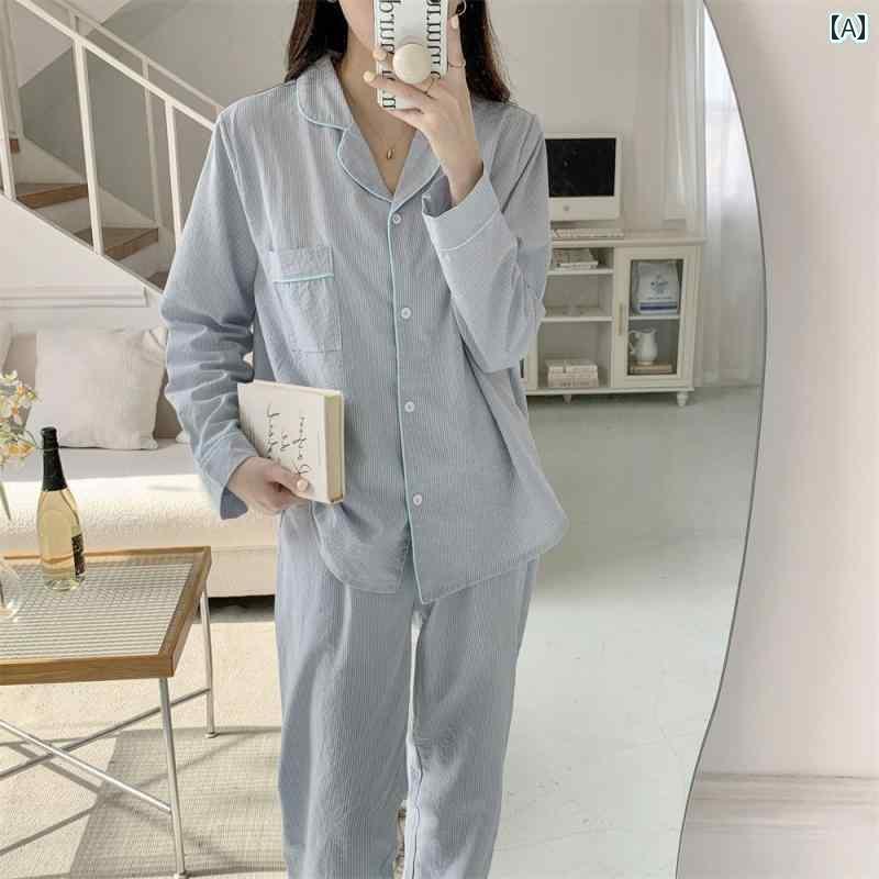 ストライプ　パジャマ　スウェット GP ストライプ 綿 麻 パジャマ レディース 春秋 長袖小 襟 韓国 ピ..