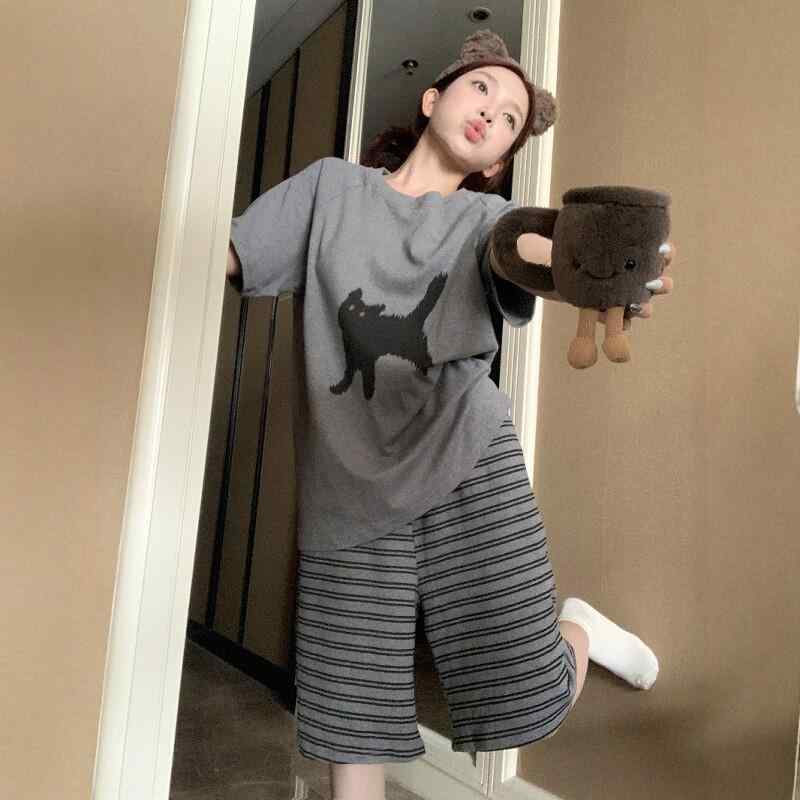 ストライプ　パジャマ　スウェット アウターウェア 大きいサイズ 綿 パジャマ セット レディース 夏 2025 ストライプ 半袖 ショート パンツ ホームウェア
