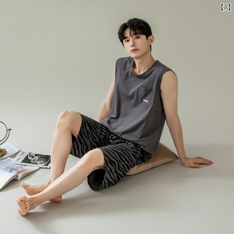 ストライプ　パジャマ　スウェット 【 涼 感】 夏 パジャマ メンズ 綿 ベスト ノースリーブ ショート ..