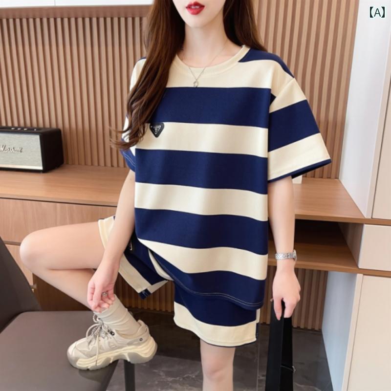 半袖　半ズボン　パジャマ 綿の ストライプ 半袖 ショート パンツ パジャマ セット 女性用 夏用 ゆった..