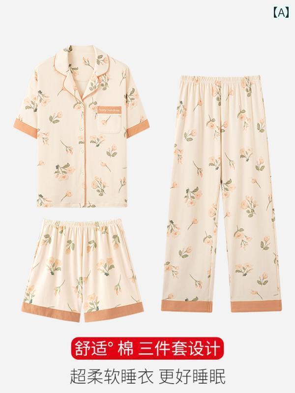 半袖　半ズボン　パジャマ Langsha パジャマ レディース 夏 綿 半袖 ショート パンツは 外で 着用 できる ズボン 3点 セット 2025 ホーム 服 スーツ