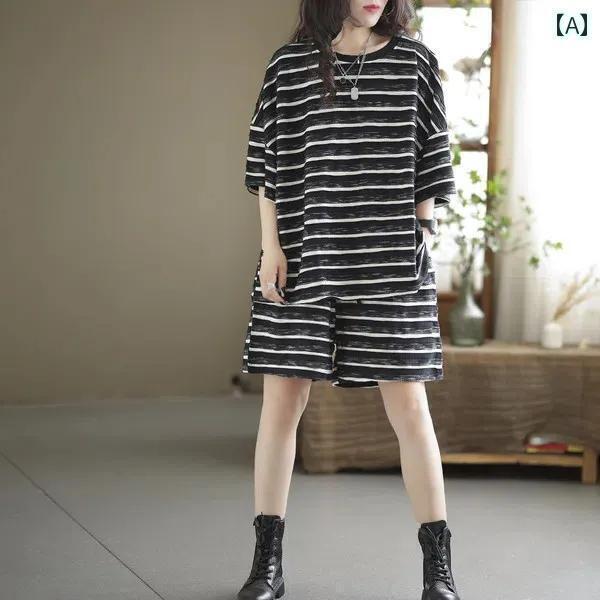 半袖　半ズボン　パジャマ GP 綿 ストライプ パジャマ レディース 夏 大きいサイズ 半袖 ショート パンツ おしゃれ 着 痩せ ホームウェア 2点 セット