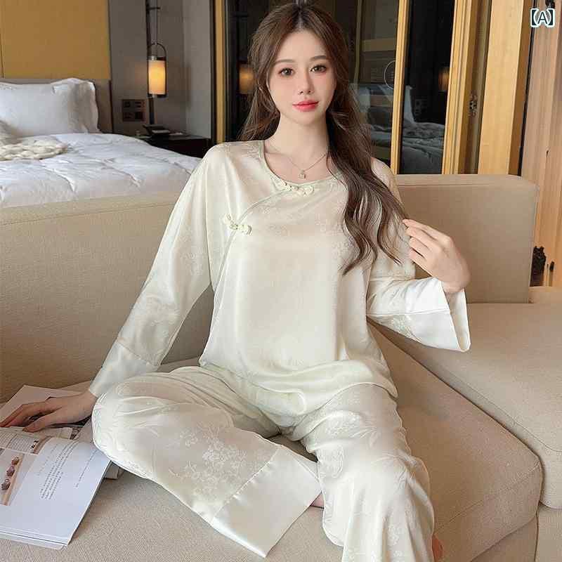 シルク　パジャマ　レディース 春秋 パジャマ レディース 長袖の 薄手 シルクの 中国 レトロ スーツ 高..