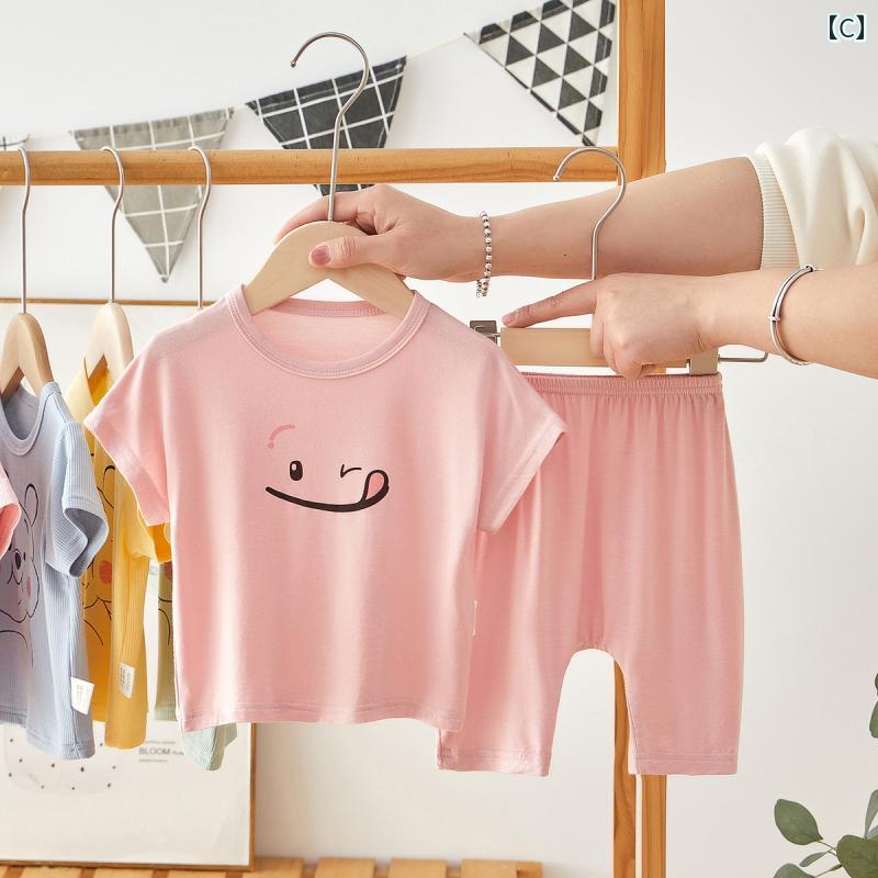 赤ちゃん　パジャマ　ベビー服 ベビー 半袖 スーツ 夏 男の子 女の子 モダール 空調 服 パジャマ 薄手 Tシャツ ビッグ PP パンツ ツーピース