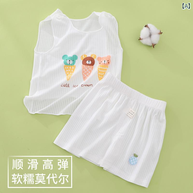 赤ちゃん　パジャマ　ベビー服 ベビー ベスト 夏用 薄手 スーツ 冷感 モダール スプリット 服 男の子 ..