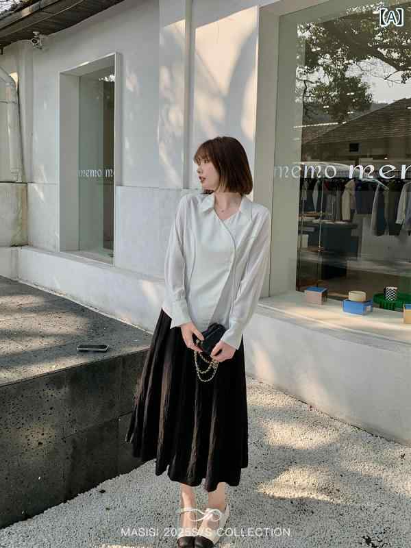 レディース　スカート　ハイウエスト Masisi 大きめ サイズ レディース 服 テクスチャ プリーツスカート 春 太め mm ゆったり ハイウエスト スリム ミディアム ロング スカート