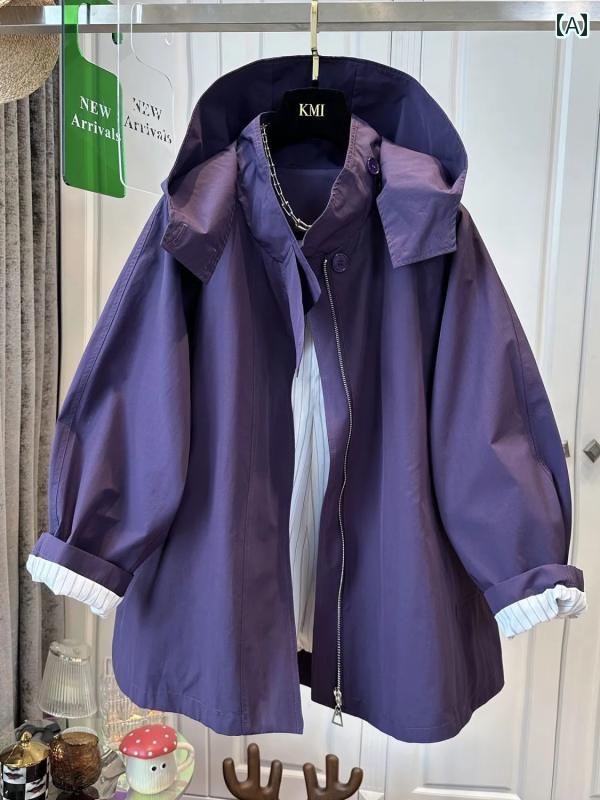 レディース　コート　ジャケット MM 300ポンド 大きいサイズ ゆったり カジュアル フード付き ジャケット 女性 春秋 紫 ウィンドブレーカー(4)