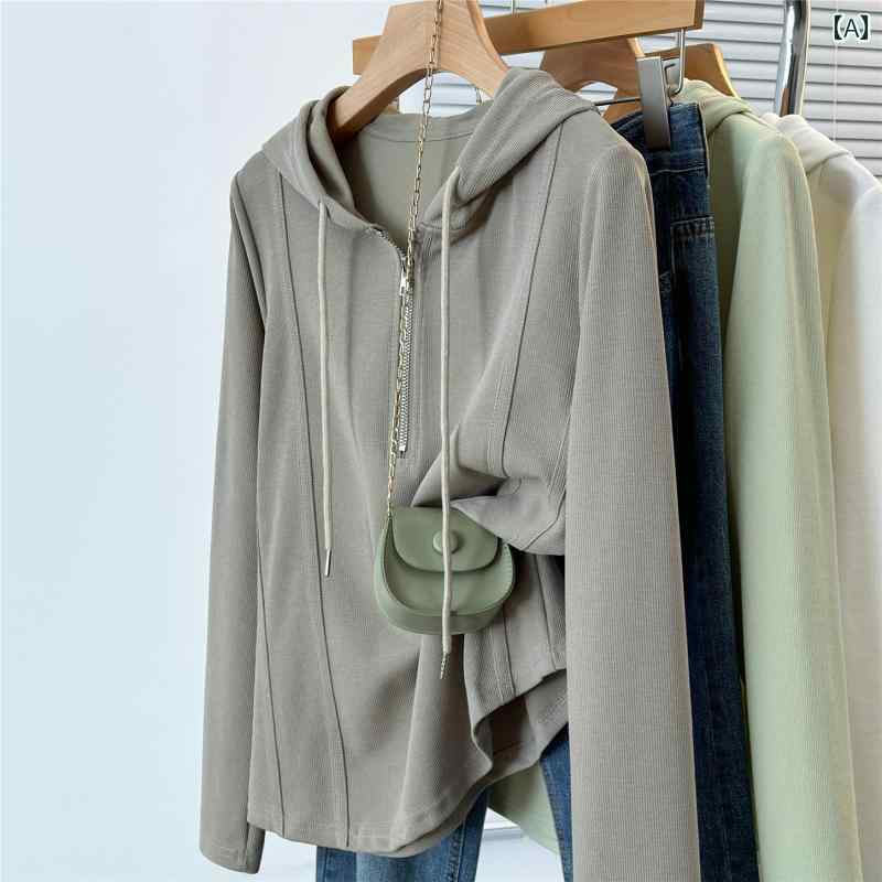 Rakuten - レディース　コート　ジャケット Tシャツ 長袖 春秋 太め mm 大きめ サイズ レディース 服 シンプルで 万能な カジュアル フード付き スウェットシャツ お腹を カバー し 薄手 トップスを 見せる