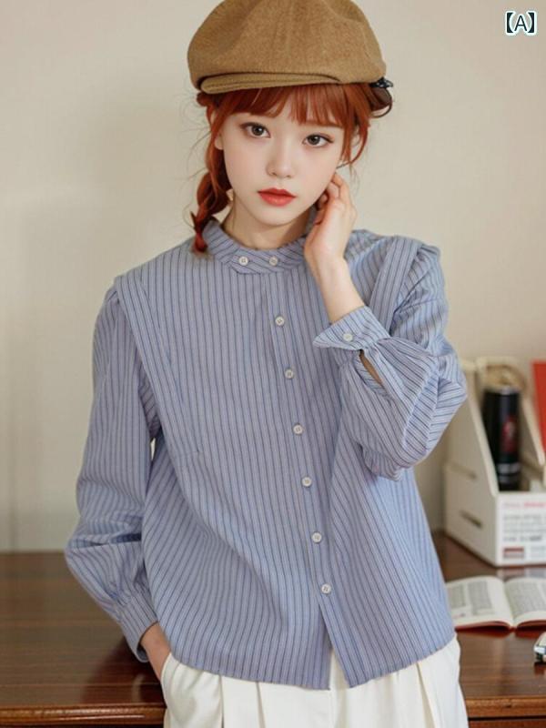 布　生地　無地　 フランスの レトロ ブルーの ストライプシャツ 女性用 風の 文学的な スタンドカラー..