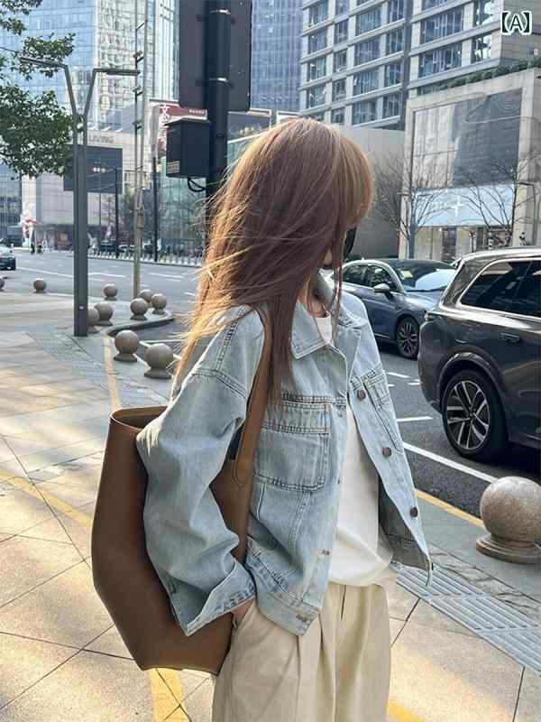 布　生地　無地　 フランスの レトロ ウォッシュド コットン デニムジャケット レディース 韓国 ゆったり カジュアル 万能 ショート 丈 長袖 シャツ ジャケット トップス