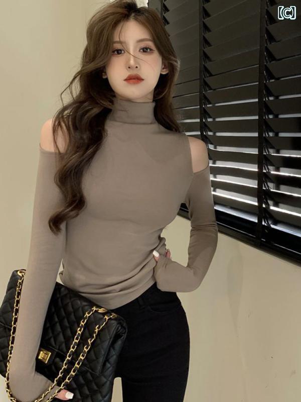 レディース　カジュアル　パンツ 黒の タートルネック オフショルダー レイヤリング セーター ニット ..