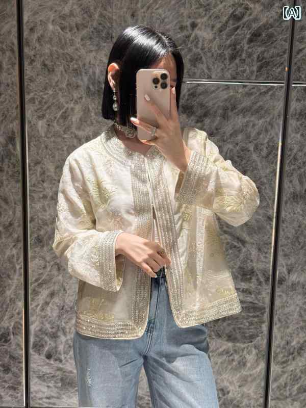 レディース シャツ レース シルクオーガンザ 刺繍の 裏地 金 織り リネンの 厚手 コート スパンコール チャイナ風 レースの トップス 女性用