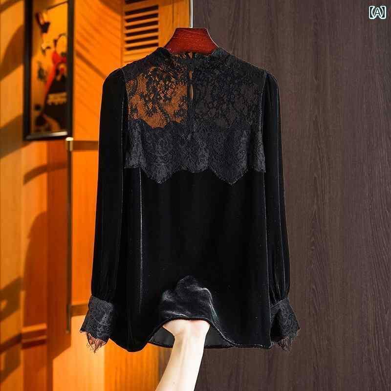 レディース　シャツ　レース 水溶性 レースの 継ぎ 合わせ シルクベルベットの ブラウス 早春の 軽い 贅沢な ハイエンド チャイナ風 女性らしい 桑 シルクの トップス