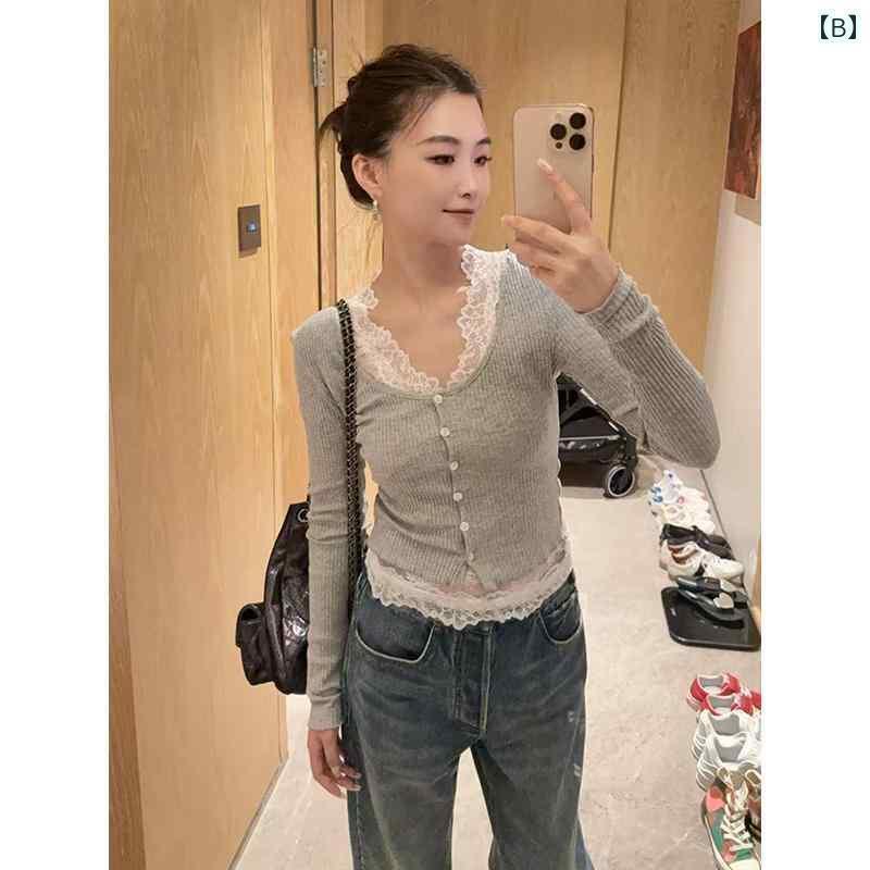 レディース　シャツ　レース の 商品 2025 春の ファッションデザイ スタイル Vネック レース レイ ヤ..