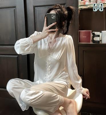 レディース シャツ レース 桑 絹 シルクパジャマ 女性 ネット 薄手 秋 サテン Vネック レース 春秋 長袖 ズボン ホーム 服