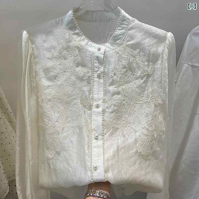 レディース　シャツ　レース　シルク の 品物の 重 ビーズの スリム レースの スタンドカラーの 長袖 ..