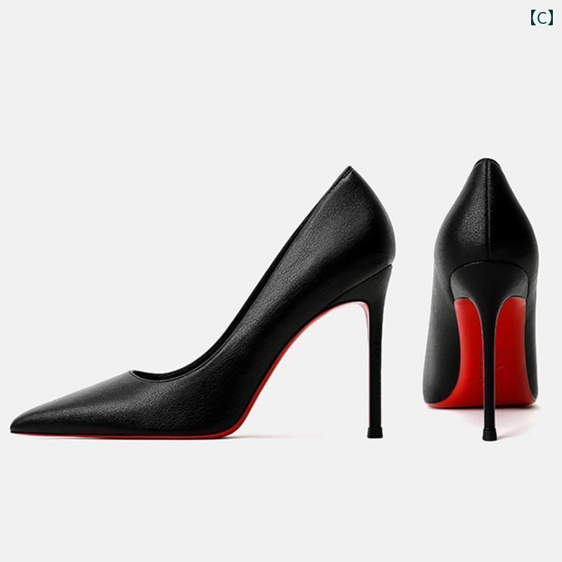 レディース ヒール シューズ レッド ボトム ハイヒール レディース スティレット レザー 2024 夏 セクシー 万能 尖った 黒 仕事用 プロ シングル シューズ
